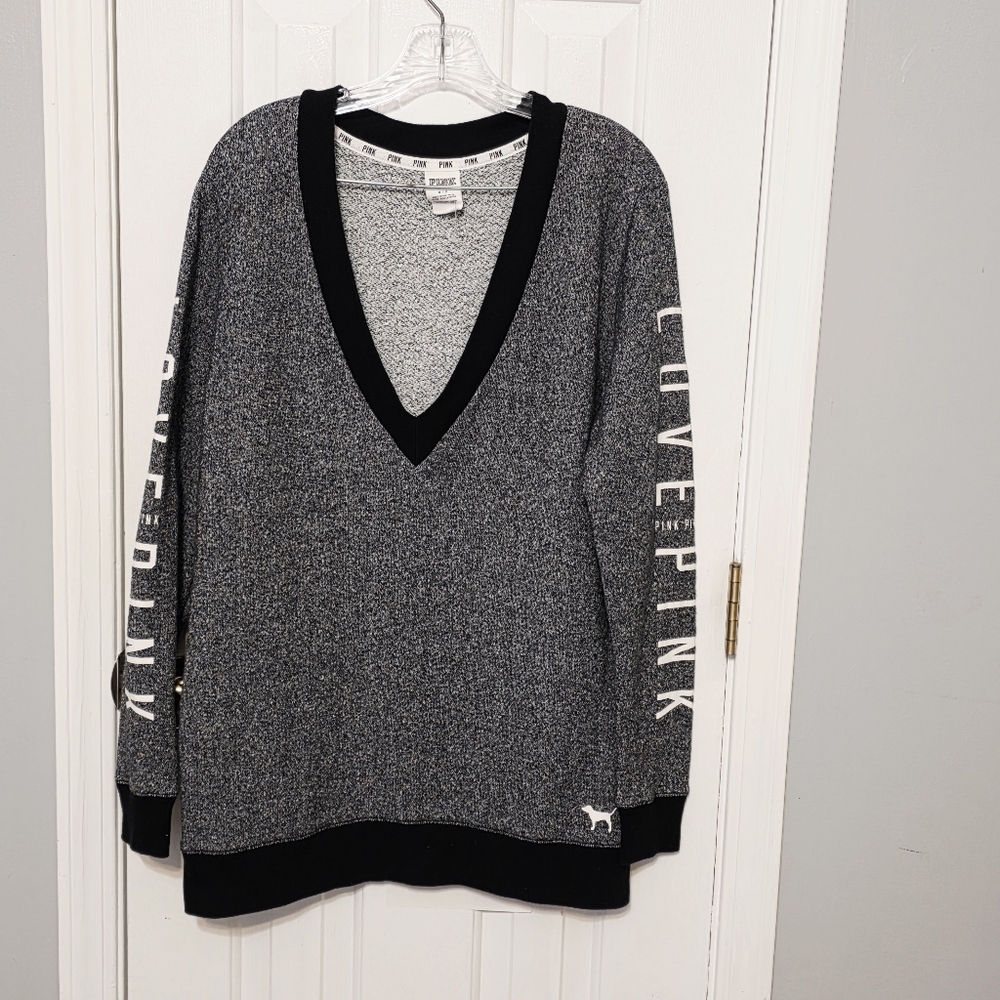 Victoria's Secret PINK V Neck Knit Sweater Gray Black Small